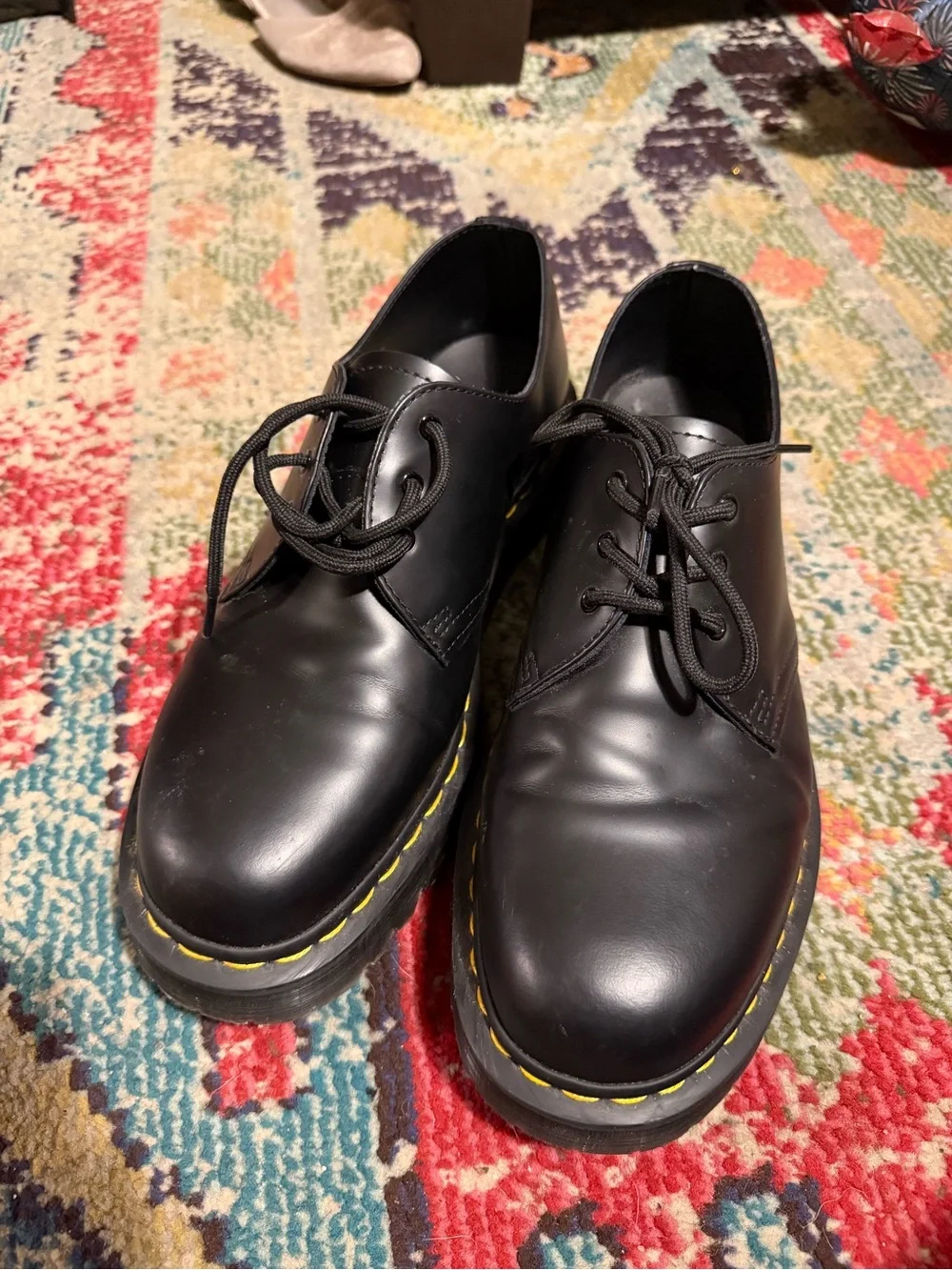 Dr. Martens Black Leather Derby Shoes with Yellow Stitching men’s 12